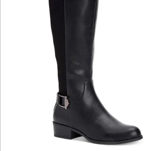 ALFANI WOMENS KALLUMM FABRIC ALMOND TOE KNEE HIGH FASHION BOOTS, BLACK Wide Calf